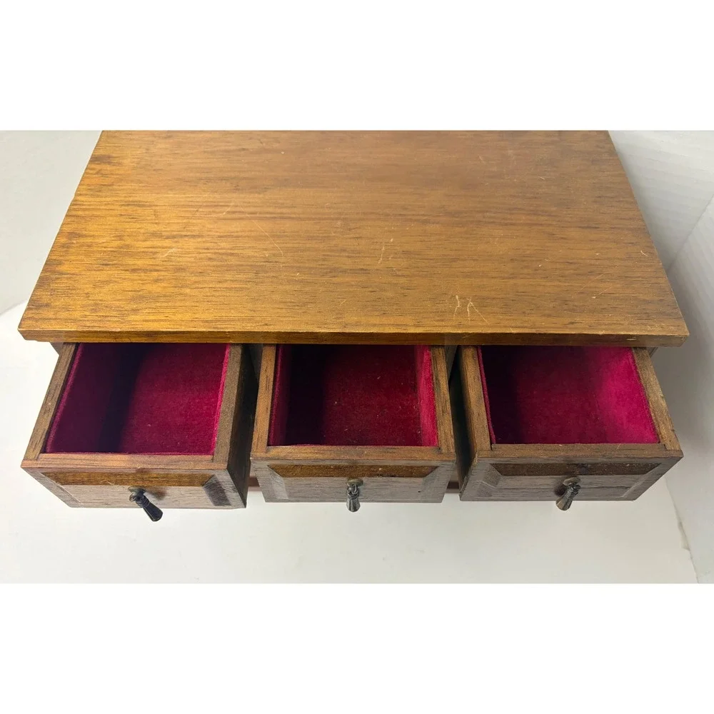 Vtg Wood Jewelry Project Box Miniature Dresser Chest 6 Drawer Red Velvet Lined